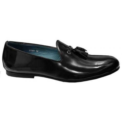 Zota Black Polished Calfskin Leather Plain Toe Loafers With Tassels G7041B