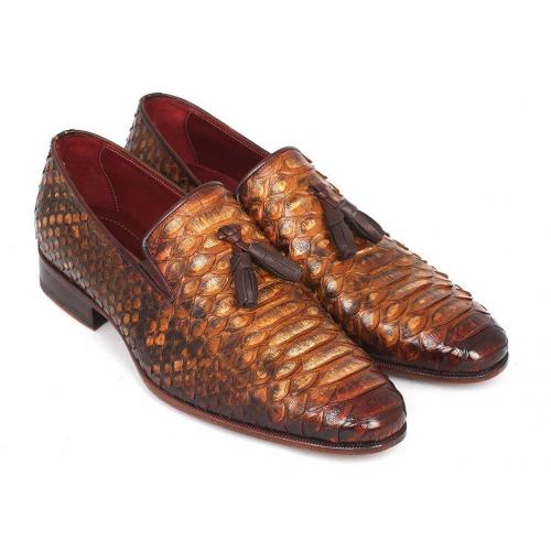Paul Parkman ''26CML75'' Camel Genuine Python Leather Tassel Loafers.