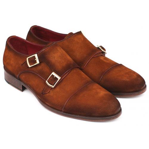 Paul Parkman ''045TAB12'' Camel Genuine Suede Leather Double Monkstrap Shoes.
