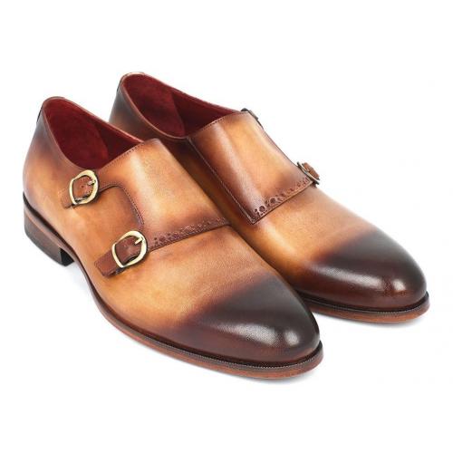 Paul Parkman ''HT54-CML'' Brown / Two Tone Genuine Leather Cap Toe Monkstraps Shoes.