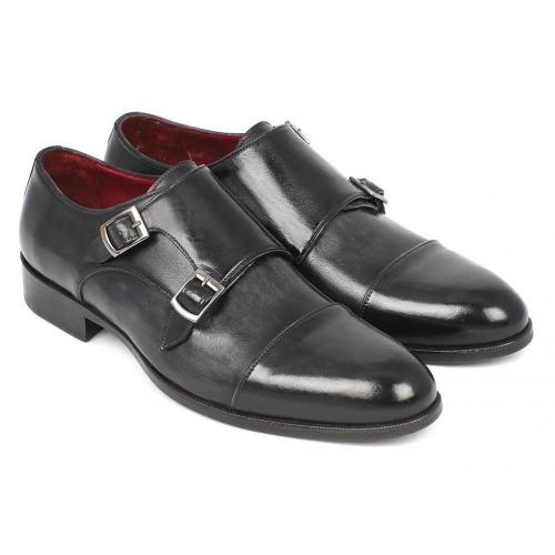 Paul Parkman ''0457-GRY'' Black / Grey Genuine Calfskin  Double Monkstraps Shoes.
