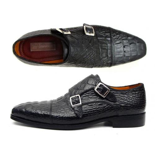 Paul Parkman ''045BK41'' Black Genuine Calfskin Print Crocodile Double Monkstraps Shoes.