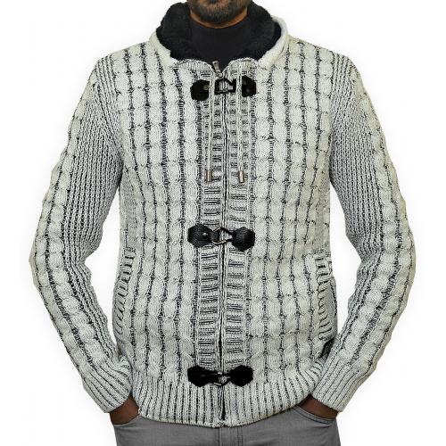Barabas White / Black Modern Fit Zip-Up Hooded / Buckled Cardigan Sweater WZ251