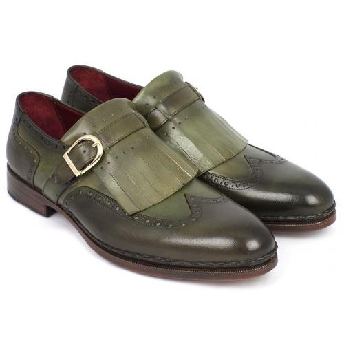 Paul Parkman ''060-GREEN'' Green Genuine Leather Wingtip Monkstrap Shoes.