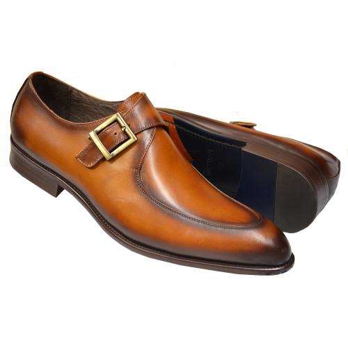 Carrucci Cognac Burnished Calfskin Leather Moc Toe Monk Strap Shoes KS479-06