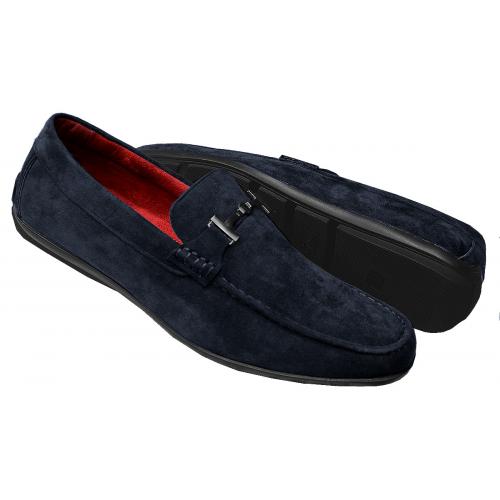 Tayno "Merly" Navy Blue Vegan Suede Moc Toe Bit Strap Driving Loafers
