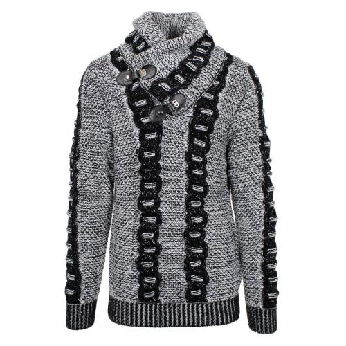 LCR Black / White Shawl Collar Pull-Over Modern Fit Wool Blend Sweater 5595