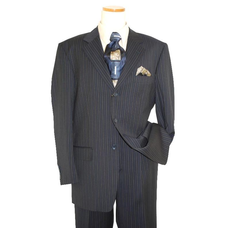 Mantoni Navy Blue with Eggshell and Powder Blue Pinstripes Super 140's ...