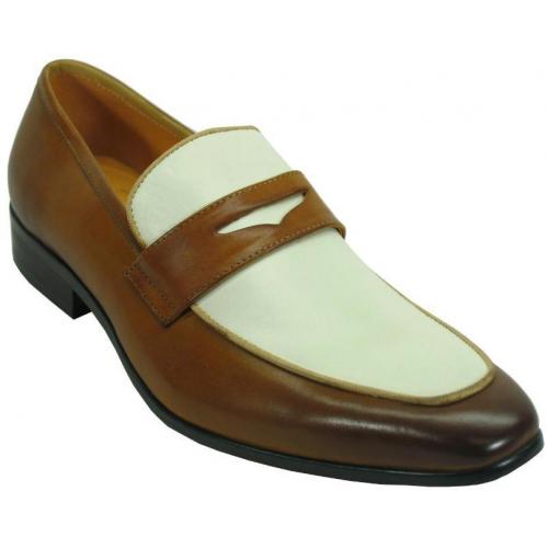 Carrucci Brown / Bone Genuine Leather Two Tone Penny Loafer Shoes  KS2240-12T.