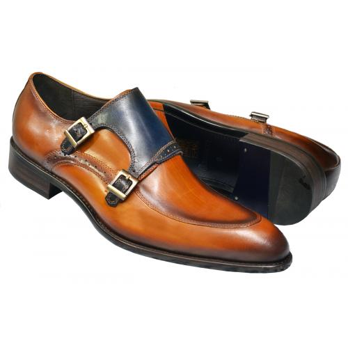 Carrucci Cognac / Navy Genuine Burnished Calfskin Double Monk Strap Shoes KS479-05.