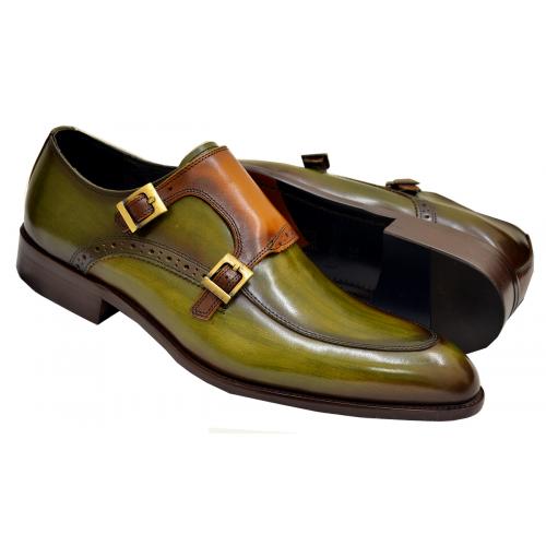 Carrucci Light Olive / Cognac Burnished Calfskin Double Monk Strap Shoes KS479-05