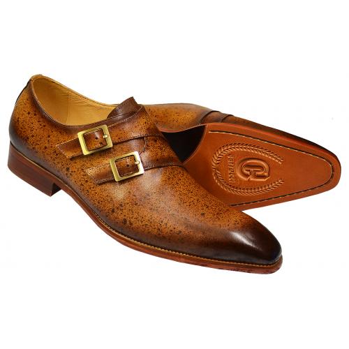 Carrucci Cognac Hand Speckled / Burnished Calfskin Double Monk Strap Shoes KS503-37.