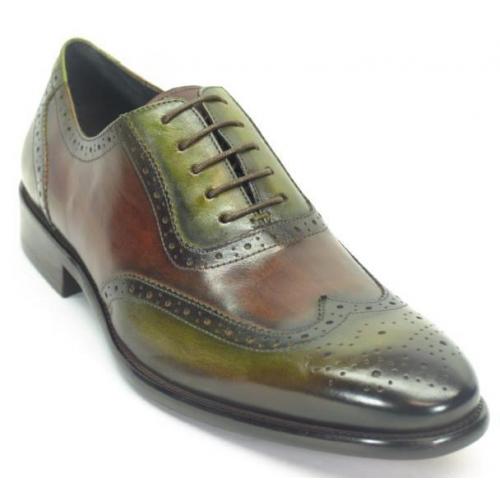 Carrucci Olive / Brown Genuine Leather Wingtip Oxford Lace-Up Shoes KS886-11T.