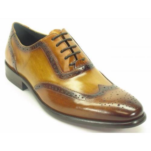 Carrucci Brown / Cognac Genuine Leather Wingtip Oxford Lace-Up Shoes KS886-11T.