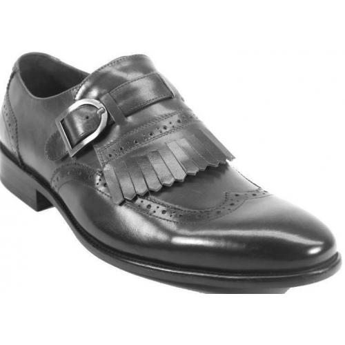 Carrucci Grey Genuine Burnished Calfskin Leather Wingtip Removable  Kiltie Monk Strap Shoes KS886-24.