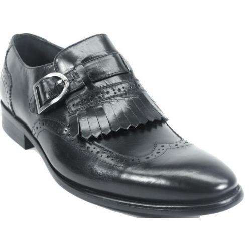 Carrucci Black Genuine Burnished Calfskin Leather Wingtip Removable  Kiltie Monk Strap Shoes KS886-24.