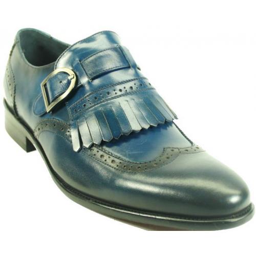 Carrucci Blue Genuine Burnished Calfskin Leather Wingtip Removable  Kiltie Monk Strap Shoes KS886-24.