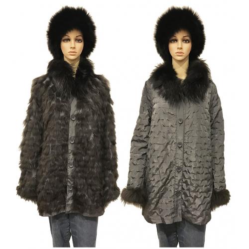 Winter Fur Ladies Grey Reversible And Removable Fox Fur To Fabric Parka G07.