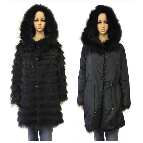 Winter Fur Ladies Blue Reversible And Removable Fox Fur To Fabric Parka G02.