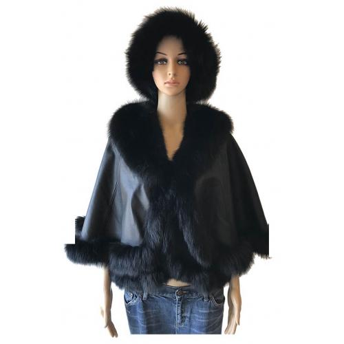 Winter Fur Ladies Black Genuine Lamb Skin With Fox Trimming Cape W00P01BK.