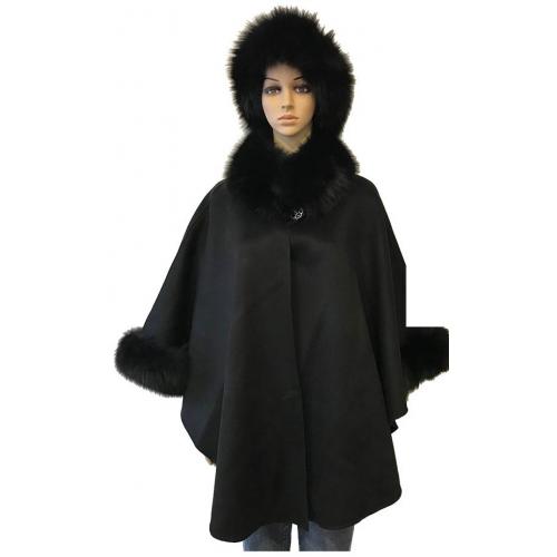 Winter Fur Ladies Black Genuine Fox Trimming Wool Cape WW01.