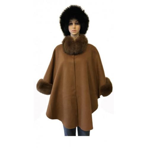 Winter Fur Ladies Whiskey Genuine Fox Trimming Wool Cape WW01.