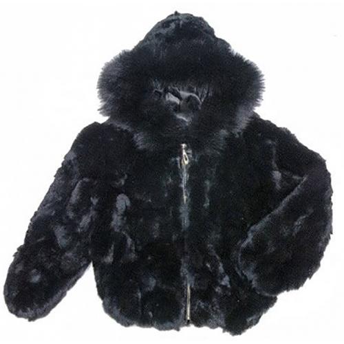 Winter Fur Kid's Black Genuine Rex Rabbit Jacket with Fox Trimmed Hood K08R02.