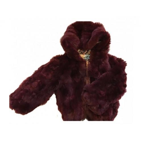 Winter Fur Kid's Burgundy Genuine Rex Rabbit Jacket With Hood K08R02.