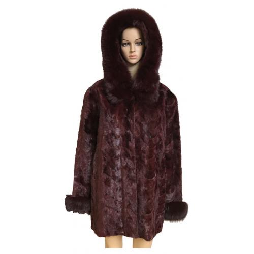 Winter Fur Ladies Burgundy Genuine Mink Paws 3/4 Coat With Fox Trimmed Hood W069Q07BD.