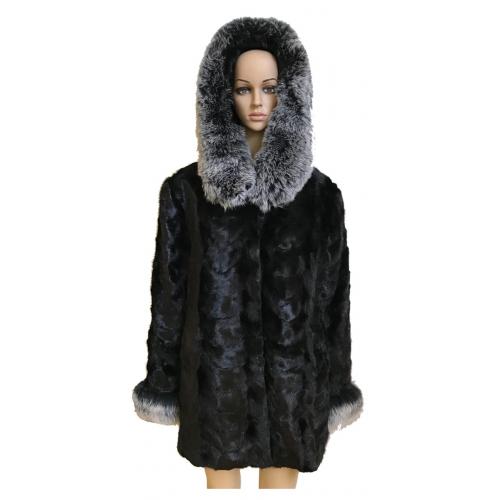 Winter Fur Ladies Black Genuine Mink Paws 3/4 Coat With Fox Trimmed Hood W069Q07BK.