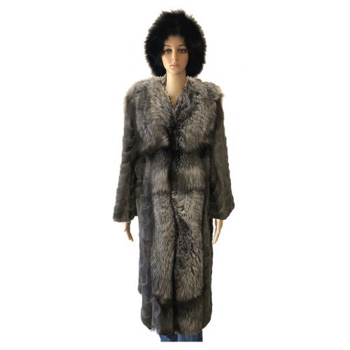 Winter Fur Ladies Grey Genuine Mink Paws Coat With Silver Fox Trimmed W069Q04GY.