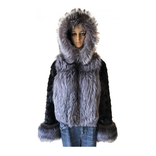 Winter Fur Ladies Black Genuine Mink With Hood And Silver Fox W49S02BK.