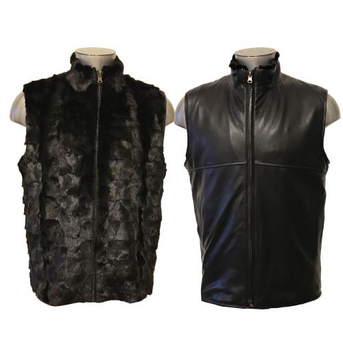 Winter Fur Black Diamond Genuine Mink Vest Reversible to Leather M00V01BKR.