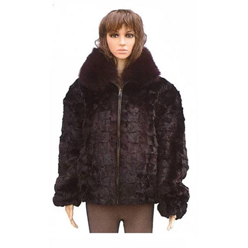 Winter Fur Ladies Burgundy Sheared Diamond Genuine Mink Jacket With Fox Collar W49SO5BDT.