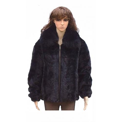 Winter Fur Ladies Navy Blue Sheared Diamond Genuine Mink Jacket With Fox Collar W69S05NV.