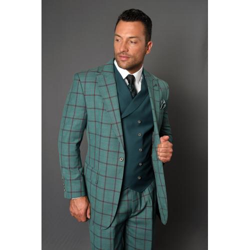 Statement "Amalfi" Jade Green / Wine Windowpane Super 150's Wool Vested Wide Leg Suit