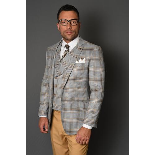 Statement "Otranto" Grey / Camel / Black / White Plaid Super 150's Wool Vested Modern Fit Suit