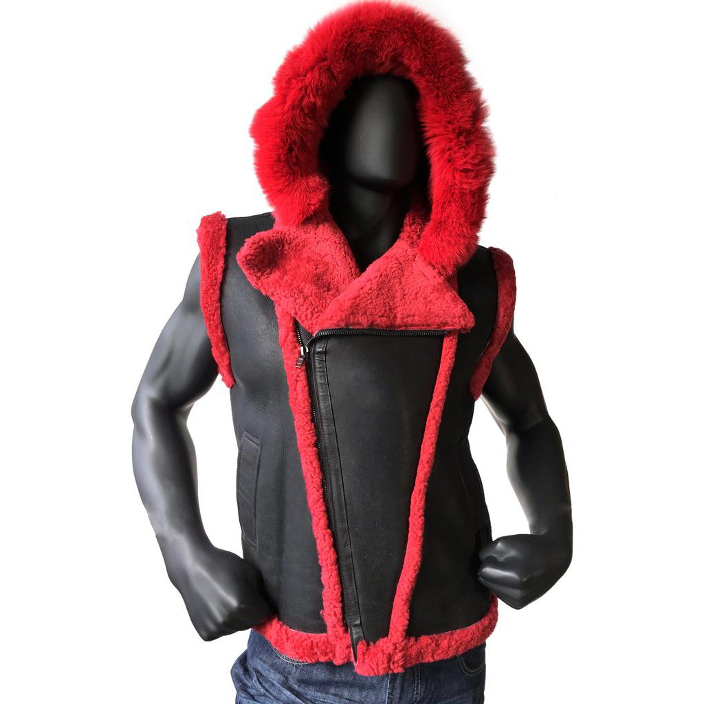 G-Gator Red / Black Genuine Sheepskin / Fur Vest With Hood 3900
