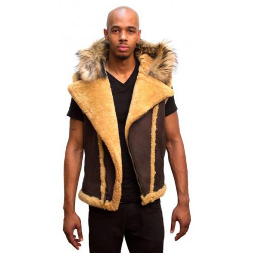 G-Gator Brown / Camel Genuine Sheepskin / Fur  Vest With Hood 3900.