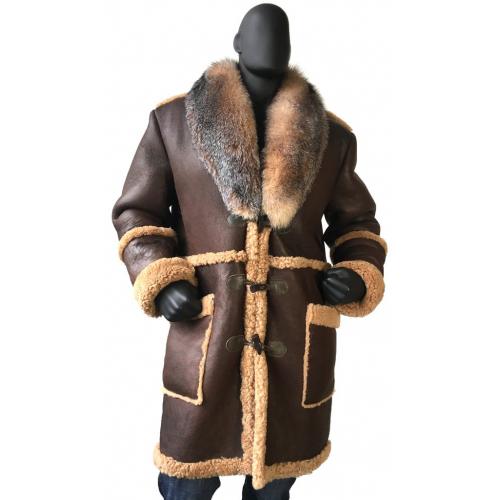 G-Gator Black / Brown Genuine Sheepskin / Fox Fur Trench Coat 4920.