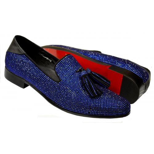 Fiesso Black / Royal Blue Rhinestone Encrusted Leather Loafers With Tassels FI7285-2