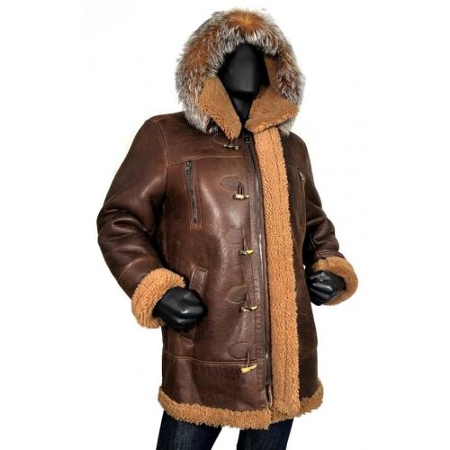 G-Gator Brown Genuine Sheepskin Leather / Fox Fur Shearling Aviator Parka Coat With Hood B-7 / 807.