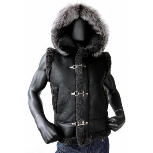 G-Gator Black / Silver Genuine Sheepskin / Fox Fur Vest With Hood 5650.