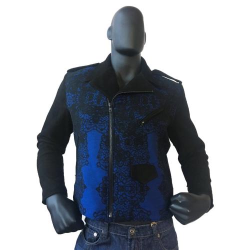 G-Gator Blue / Black Genuine Suede Leather / Brocade Fabric Motorcycle Jacket 3010F.