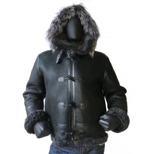 G-Gator Black Genuine Shearling Sheepskin / Raccoon Fur Aviator Jacket With Toggles Сlasp 8010.