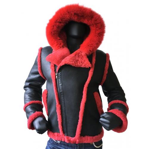 G-Gator Black/ Red Genuine Sheepskin / Fox Fur Motorcycle Jacket With Hood 3910.