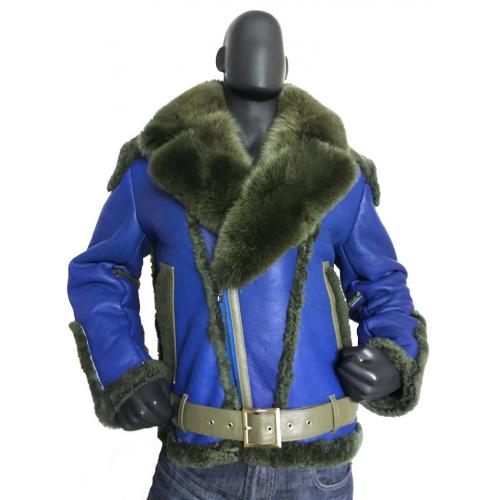G-Gator Blue / Green Genuine Sheepskin / Fox Fur Motorcycle Jacket 1320.