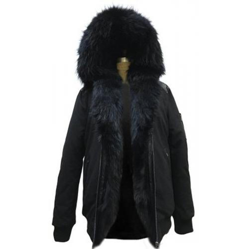 G-Gator Black Genuine Leather / European Raccoon / Cotton Bomber Parka Coat With Hood 6925.