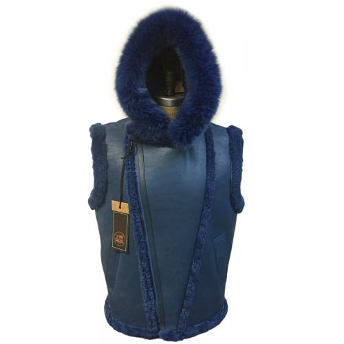 G-Gator Blue Genuine Sheepskin / Fur Vest With Hood 3900.