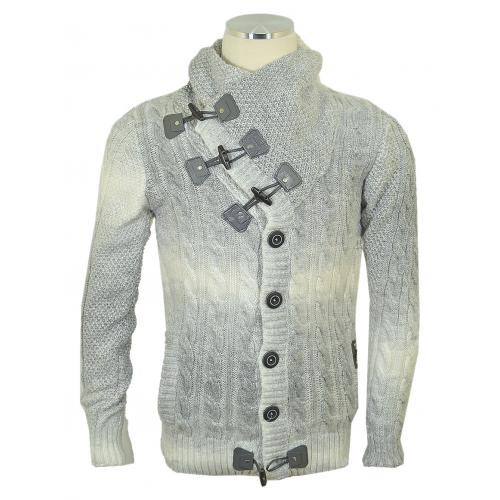 LCR Silver Grey / White Button-Up Modern Fit Wool Blend Shawl Collar Sweater 5740